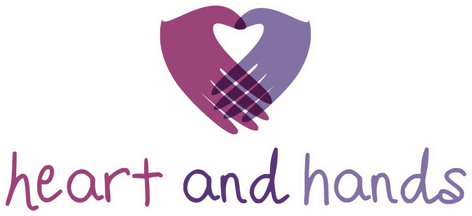 The Heart and Hands logo. Two purple hands of different shades coming together to form a heart shape. The logo text is also three different shades of purple. It reads "heart and hands" in a lower case handwritten font.
